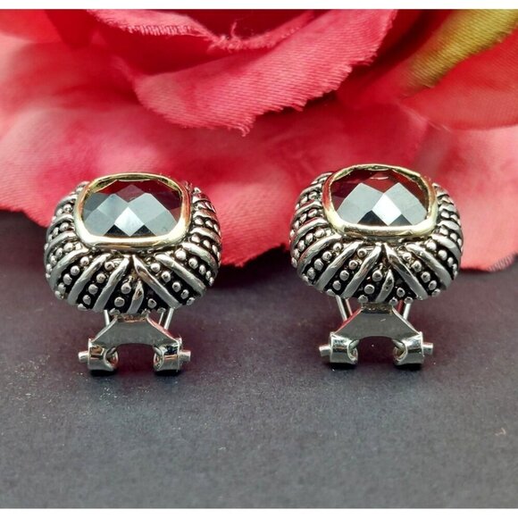 CHAPS Textured Silver Tone & Faceted Black Glass Stone Pierced Stud Earrings - Picture 2 of 8